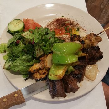 Hummus & More - Combination plate with Beef Kebab and Fish Kebab, Fattoush salad and Baba Ghanouj - Mediterranean Near Me - Metairie, Louisiana Hummus & More - Combination plate with Beef Kebab and Fish Kebab, Fattoush salad and Baba Ghanouj - Mediterranean Near Me - Metairie, Louisiana