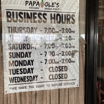 Papa Ole's - Business hours 7/2022 - Hawaiian Near Me - Hauula, Hawaii