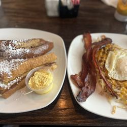 Jamie's Local Flavor - Half order of French toast, side of bacon, side of hashbrowns with cheese, single egg