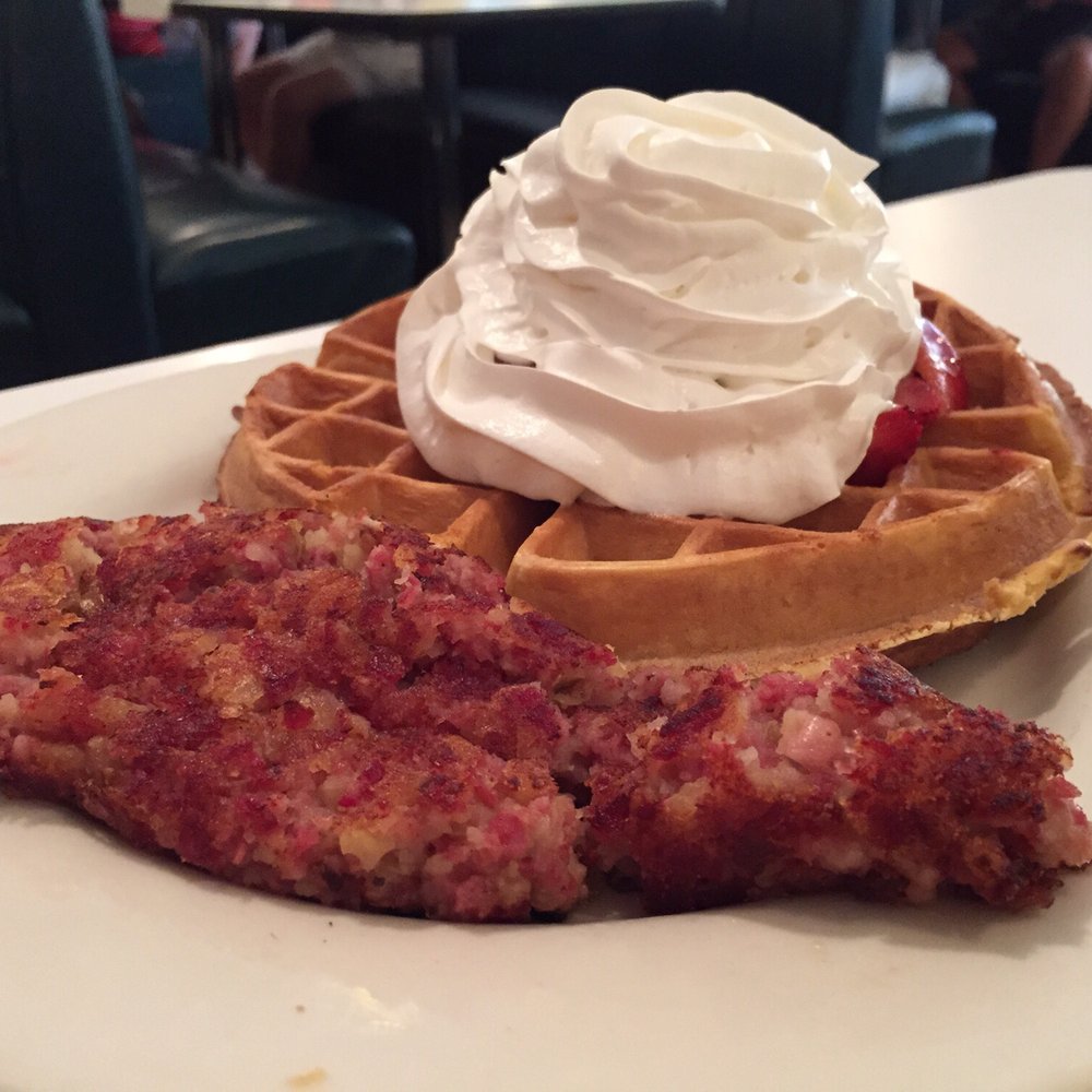 Lemon Tree - Waffles with strawberry and whip cream. Corn beef hash - Breakfast & Brunch Near Me - Vero Beach, Florida
