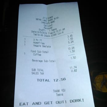 JT's Diner - our receipt showing a cheap breakfast - Diners Near Me - Willoughby, Ohio JT's Diner - our receipt showing a cheap breakfast - Diners Near Me - Willoughby, Ohio