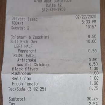 Mandola's Italian - Receipt - Italian Near Me - Austin, Texas