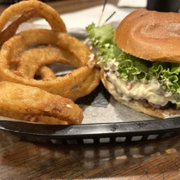 Olive burger and rings. Olive burger and rings.