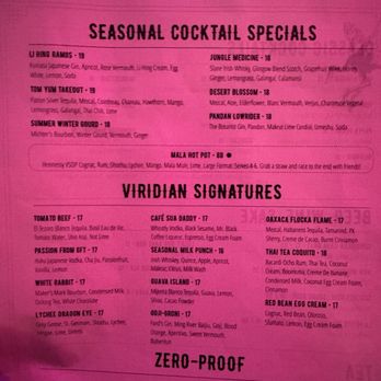 Viridian - Menu - one side - Cocktail Bars Near Me - Oakland, California