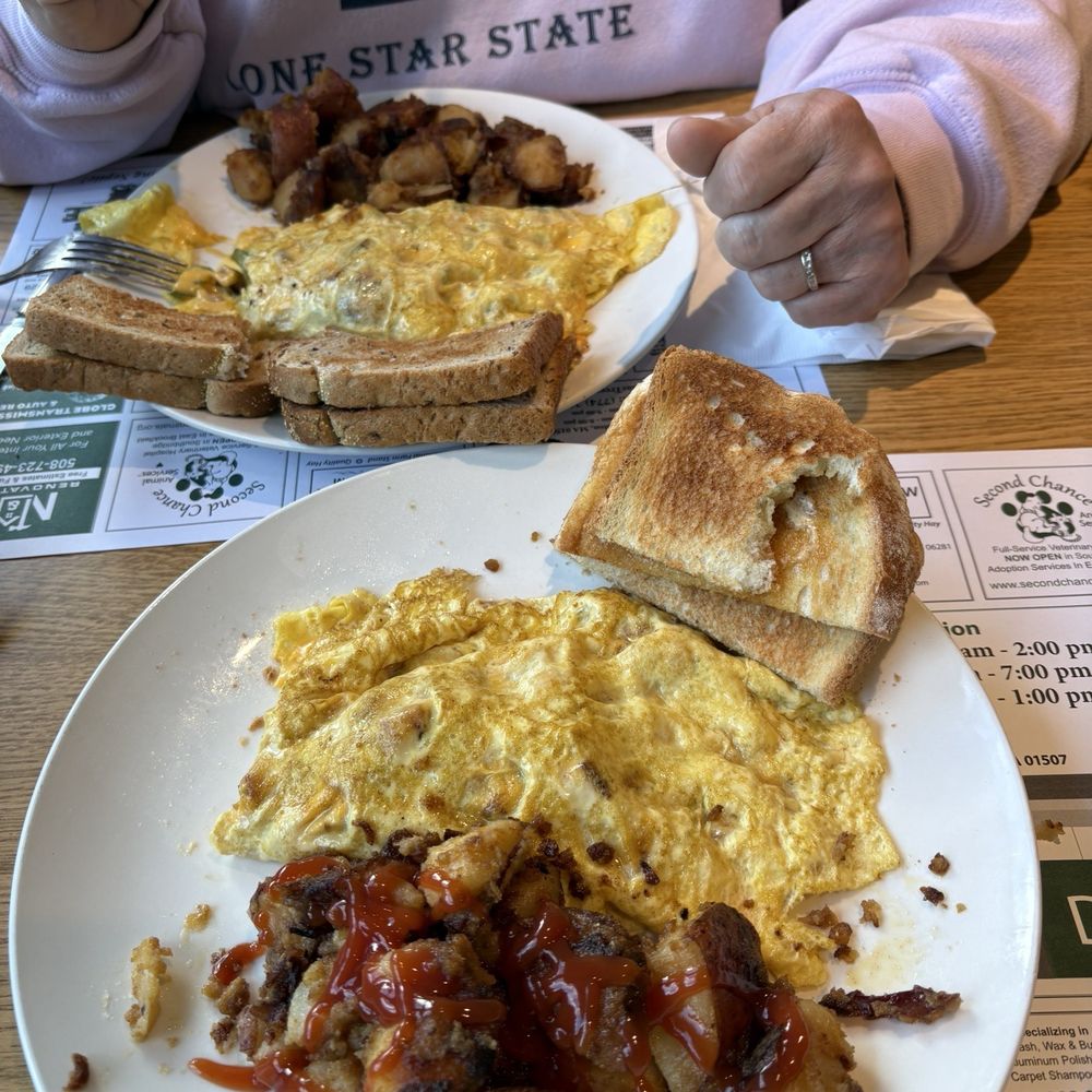 Western Omelette, Ham & Cheese Omelette, home-fries and toast.