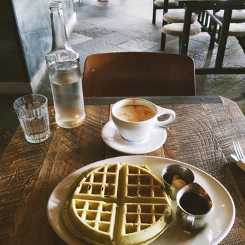 Freesoulcaffe - Green Tea Waffle w/ Vegan Butter & Maple Syrup, Water, Vanilla Soy Latte - Vegan Near Me - Tustin, California Freesoulcaffe - Green Tea Waffle w/ Vegan Butter & Maple Syrup, Water, Vanilla Soy Latte - Vegan Near Me - Tustin, California