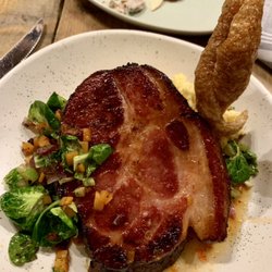 Plum Southern Kitchen & Bar - Monday night special. Honey-smoked ham, Brussels sprouts, sweet potato succotash, southern cheese grits.