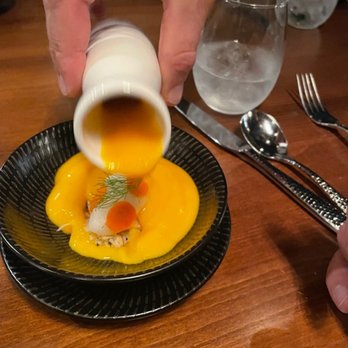 Partage - Ginger carrot chilled soup with king crab and sorbet (divine) - French Near Me - Las Vegas, Nevada Partage - Ginger carrot chilled soup with king crab and sorbet (divine) - French Near Me - Las Vegas, Nevada