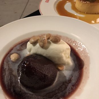 Ernesto’s - Pear in red wine and milk ice cream with almonds. Caramel flan. - Basque Near Me - New York, New York Ernesto’s - Pear in red wine and milk ice cream with almonds. Caramel flan. - Basque Near Me - New York, New York