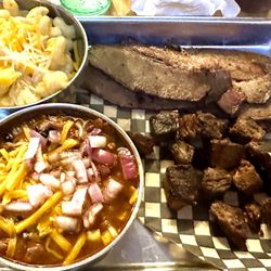 Thin sliced brisket, burnt brisket ends, brisket chili and Mac and cheese.