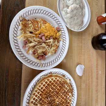Waffle House - Waffle with peanut butter chips, sausage and gravy, hashbrowns with ham and cheese. - Diners Near Me - Albuquerque, New Mexico