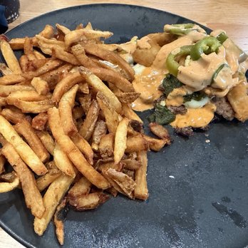 Pemi Burger Bar - Bun-less Green Chili Burger with fries - American Near Me - Ashland, New Hampshire Pemi Burger Bar - Bun-less Green Chili Burger with fries - American Near Me - Ashland, New Hampshire