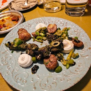 Shukette - Lamb Kebab- Baharat-spiced potatoes, whipped goat cheese, shishito, Castelvetrano, and chili. $29. Not good. Overcooked and not cut right ;( - Middle Eastern Near Me - New York, New York