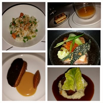Addison - Salmon au beurre sale; Foie gras pot de crème; Ris de veau panes; Coffee roasted canard served with w/ koshihikari rice and candied peanut - New American Near Me - San Diego, California