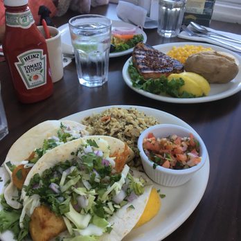 Seascape Restaurant - Fish tacos and Teriyaki Ahi Tuna with baked potato and veg (corn). - Seafood Near Me - Trinidad, California Seascape Restaurant - Fish tacos and Teriyaki Ahi Tuna with baked potato and veg (corn). - Seafood Near Me - Trinidad, California