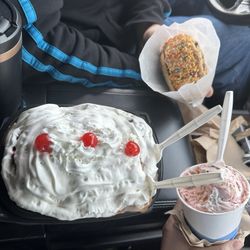 Meadowlands Homemade Ice Cream - 3 scoop peanut butter sundae, ice cream cookie with crunchy sides, and 2 scoops in a cup