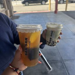 Drinks! (San San Tea and banana matcha with boba)