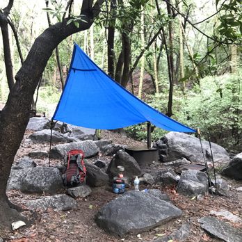Spruce Grove Campground - Made our own common area with tarp/rope/hiking sticks (it was raining) - Campgrounds Near Me - Arcadia, California