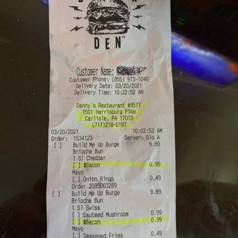 Denny's - a receipt for a burger - Diners Near Me - Carlisle, Pennsylvania Denny's - a receipt for a burger - Diners Near Me - Carlisle, Pennsylvania