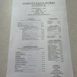 Damian's Pasta Works - Current Menu January 2026