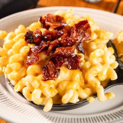 Deadwood Bar & Grill - Cowboy Mac and Cheese -- candied bacon, cornbread muffin