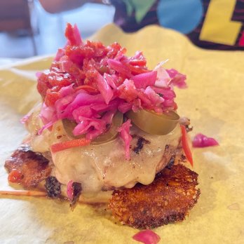 Salvi PDX - Pupusa burger with one of the pupusas taken off the top - Salvadoran Near Me - Portland, Oregon Salvi PDX - Pupusa burger with one of the pupusas taken off the top - Salvadoran Near Me - Portland, Oregon
