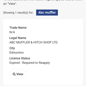 ABC Muffler & Hitch Shop - This shows that they aren't licensed with AMVIC - Auto Parts & Supplies Near Me - Edmonton, Alberta ABC Muffler & Hitch Shop - This shows that they aren't licensed with AMVIC - Auto Parts & Supplies Near Me - Edmonton, Alberta