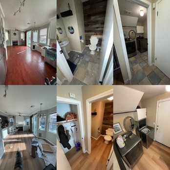 Faro Hardwood Floors - Before on top, after with new floor, Base boards throughout, holes patches and window bench removed. - Flooring Near Me Faro Hardwood Floors - Before on top, after with new floor, Base boards throughout, holes patches and window bench removed. - Flooring Near Me