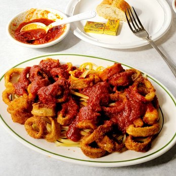 Desy's Clam Bar - Fried shrimp and calamari combo over linguine, with red sauce. - Seafood Near Me - Brooklyn, New York