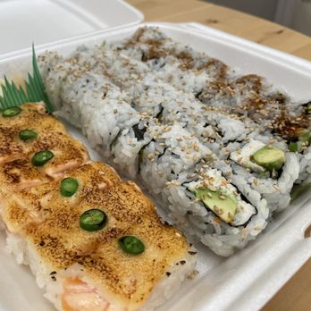 Sushi House - Oshi Salmon, eel roll, California roll, and chicken teriyaki roll - a great mix! - Japanese Near Me - Richmond, British Columbia Sushi House - Oshi Salmon, eel roll, California roll, and chicken teriyaki roll - a great mix! - Japanese Near Me - Richmond, British Columbia