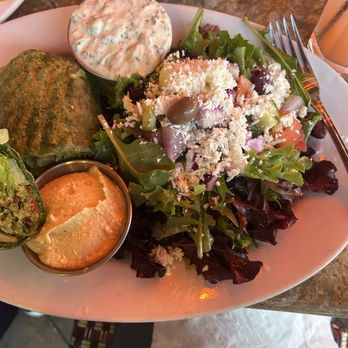 Panini Kabob Grill - Falafel Wrap with spinach tortilla and Mediterranean Greek Salad - Mediterranean Near Me - Brea, California Panini Kabob Grill - Falafel Wrap with spinach tortilla and Mediterranean Greek Salad - Mediterranean Near Me - Brea, California