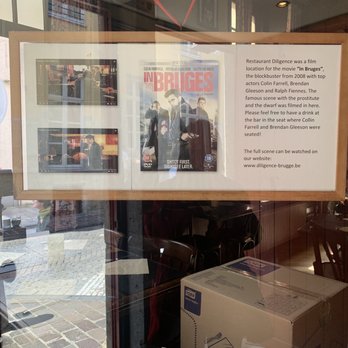 Restaurant Diligence - Sign in window about scene in the movie "in Bruges" filmed here - Belgian Near Me - Bruges, VWV