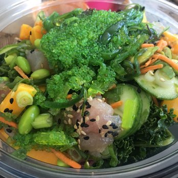 Sweetfin Poke Downtown LA - Made my own - half albacore, half snapper, avocado, wasabi tobiko, mango, edamame, seaweed salad, carrots, cucumber in kale salad - Japanese Near Me - Los Angeles, California Sweetfin Poke Downtown LA - Made my own - half albacore, half snapper, avocado, wasabi tobiko, mango, edamame, seaweed salad, carrots, cucumber in kale salad - Japanese Near Me - Los Angeles, California