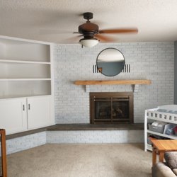 Stoll Property Services - A fun transformation of a brick surround and golden oak cabinet.  The brick was whitewashed, mantle replaced, and the cabinet rehabbed.