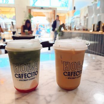 Hola Cafecito - Two moods, one table.   Left: Strawberry Matcha   Right: Mazapan - Coffee & Tea Near Me - Merced, California