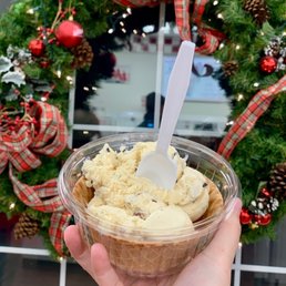 Butter pecan and chocolate chip cookie dough in a fresh waffle bowl Butter pecan and chocolate chip cookie dough in a fresh waffle bowl