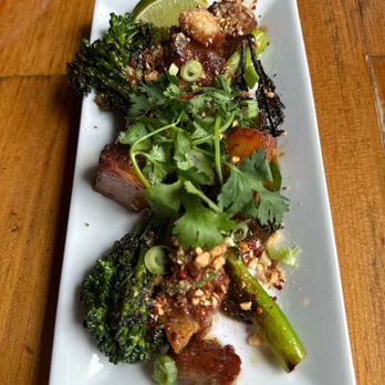 Blackback Pub - Pork belly with cilantro and broccolini. - Pubs Near Me - Waterbury, Vermont