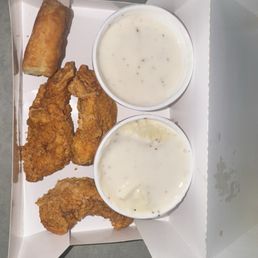 Tenders, mashed potatoes and gravy, gravy, biscuit. Tenders, mashed potatoes and gravy, gravy, biscuit.