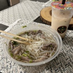 Beef pho and caramel milk tea with Boba