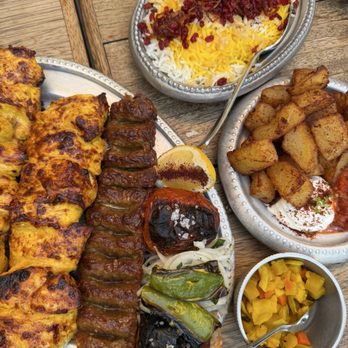 Berenjak - Left to right: Jujeh kabab, koobideh kabab Up to down: house rice, sibzamini, torshihaftebijar - Persian/Iranian Near Me - Los Angeles, California