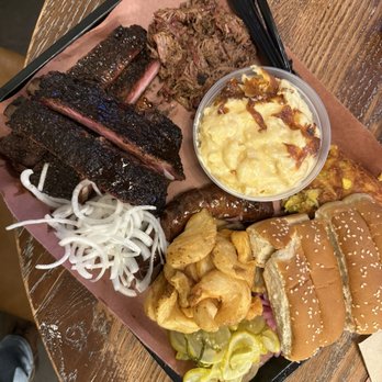 Lewis Barbecue - Brisket (Chopped), Pork Spare Ribs, Mac & Cheese, fries, Green Chile Corn Pudding - Barbeque Near Me - Charleston, South Carolina Lewis Barbecue - Brisket (Chopped), Pork Spare Ribs, Mac & Cheese, fries, Green Chile Corn Pudding - Barbeque Near Me - Charleston, South Carolina