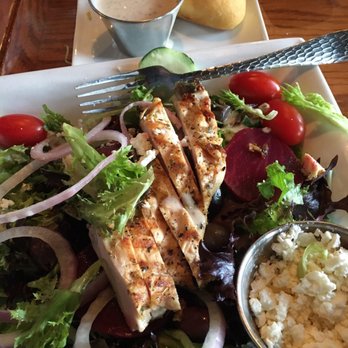 CJ's Brewing Company - Grilled chicken topped Greek salad. Happy! - Pizza Near Me - Commerce Twp, Michigan CJ's Brewing Company - Grilled chicken topped Greek salad. Happy! - Pizza Near Me - Commerce Twp, Michigan