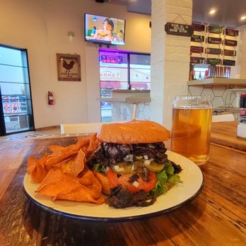 Haystack Burgers and Barley - Juicy thick burger, house sweet potato chips, and a cold one! - Burgers Near Me - Frisco, Texas