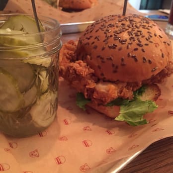 Bareburger - Short North - Pickle Fried Chicken Sandwich & side of Dill Pickles - Burgers Near Me - Columbus, Ohio Bareburger - Short North - Pickle Fried Chicken Sandwich & side of Dill Pickles - Burgers Near Me - Columbus, Ohio