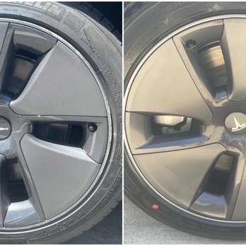 Colormetics - Before (left) and after (right) pic of curb rash on Tesla 18" Aero wheels. - Mobile Dent Repair Near Me