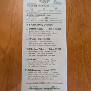 Taichi Bubble Tea - Poke bowl/salad/burrito self ordering slip - Bubble Tea Near Me - Frederick, Maryland