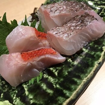 Izakaya Uosan - Sashimi duo of kinmedai on the left and tai on the upper right. - Izakaya Near Me - Honolulu, Hawaii