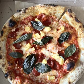 Speak Cheezy - Pepperoni (added pineapple and basil) - Pizza Near Me - Long Beach, California Speak Cheezy - Pepperoni (added pineapple and basil) - Pizza Near Me - Long Beach, California