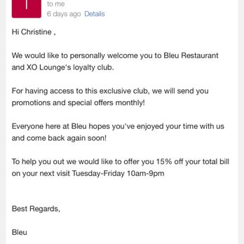 Bleu - This is the email I received from the restaurant that is apparently not called Bleu restaurant. - Vietnamese Near Me - Westminster, California Bleu - This is the email I received from the restaurant that is apparently not called Bleu restaurant. - Vietnamese Near Me - Westminster, California