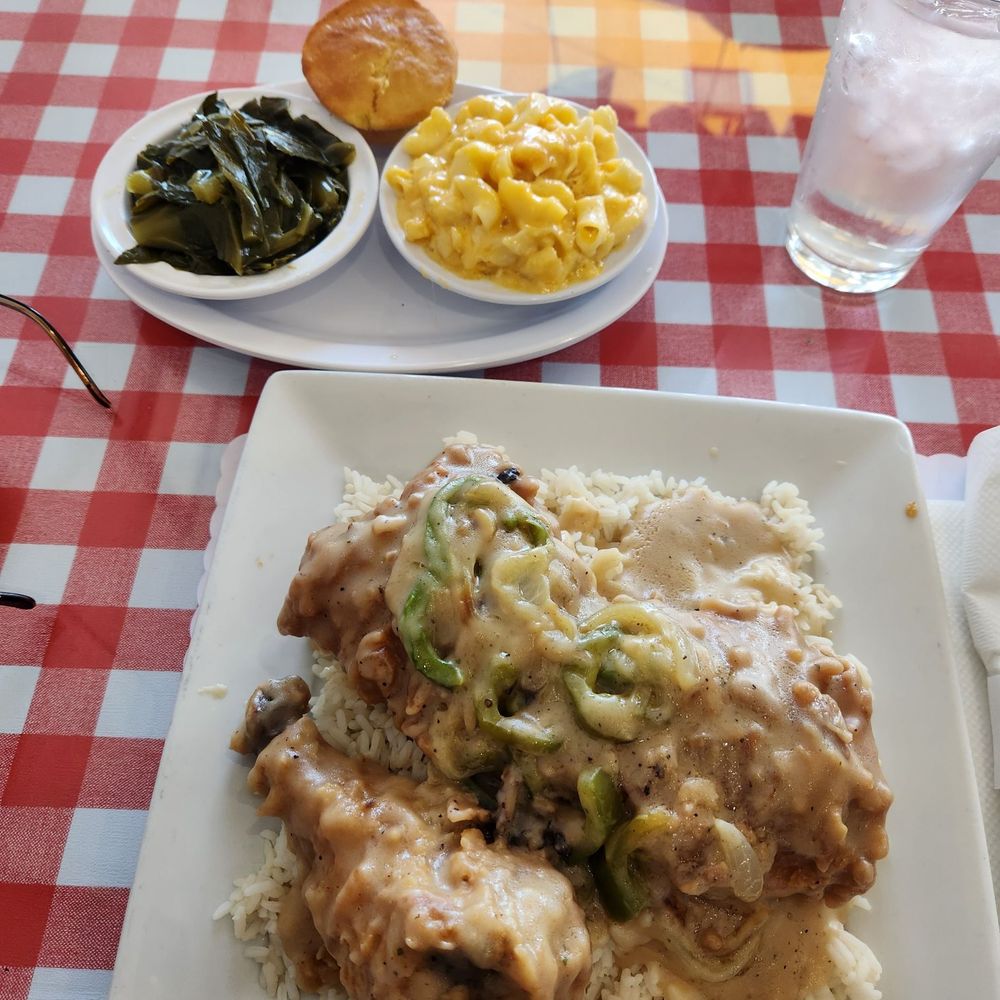 Dare U To Care Grill - Smothered chicken, rice & gravey mac & cheese and greens! - Soul Food Near Me - Gardena, California